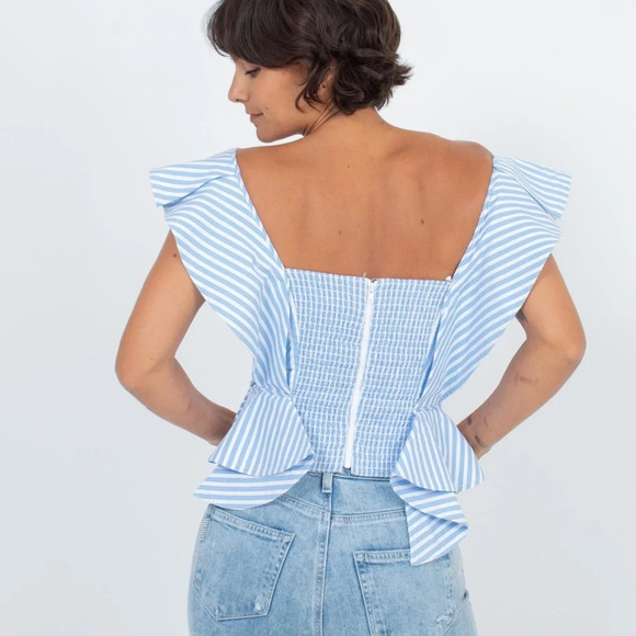 Mila Carr STRIPED RUFFLE BLOUSE sleeveless top back full zip cotton white blue 2 - Picture 8 of 10